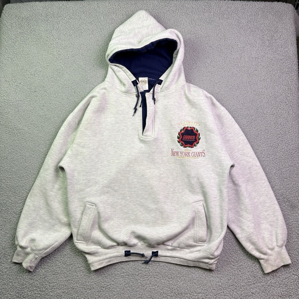 VTG New York Giants Hoodie Mens Medium Gray 1/4 Zip Embroidered Football NFL